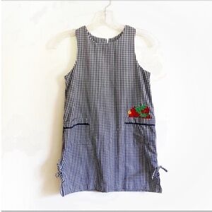 Kelly's Kids jumper dress navy gingham strawberries embroidered side ties